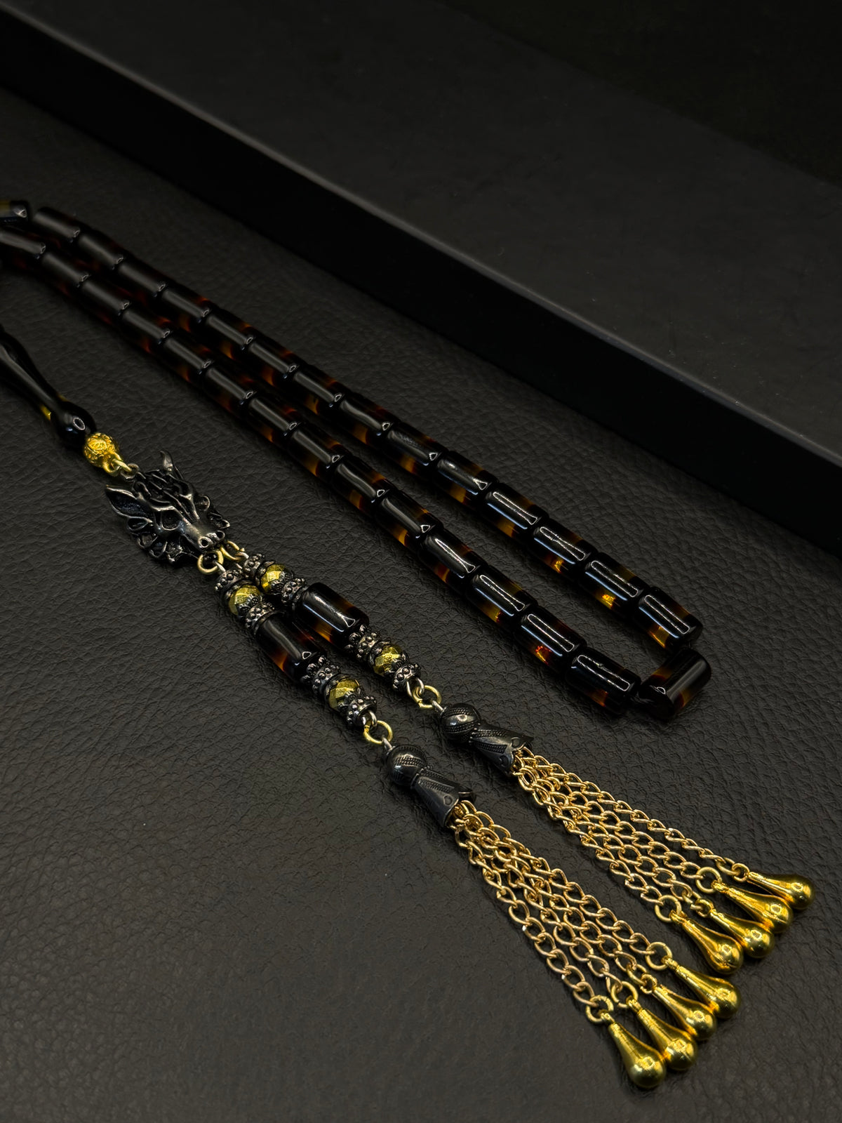Yellow & Black Fire Amber Capsule Cut Tesbih – Custom Alloy Tassel