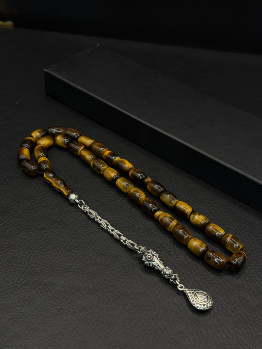 Tiger Eye Natural Stone Capsule Cut Tesbih – Alloy Tassel