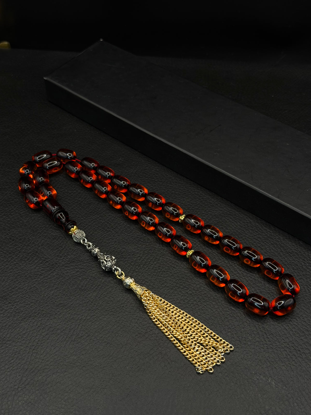 Ottoman Style Fire Amber Tesbih – Capsule Cut – Alloy Tassel – Medium Size