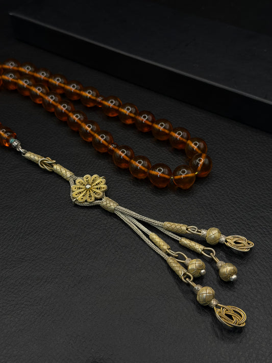 Ottoman Style Fire Amber Tesbih – Round Cut – 1K Kazaz Silver Tassel – Medium Size