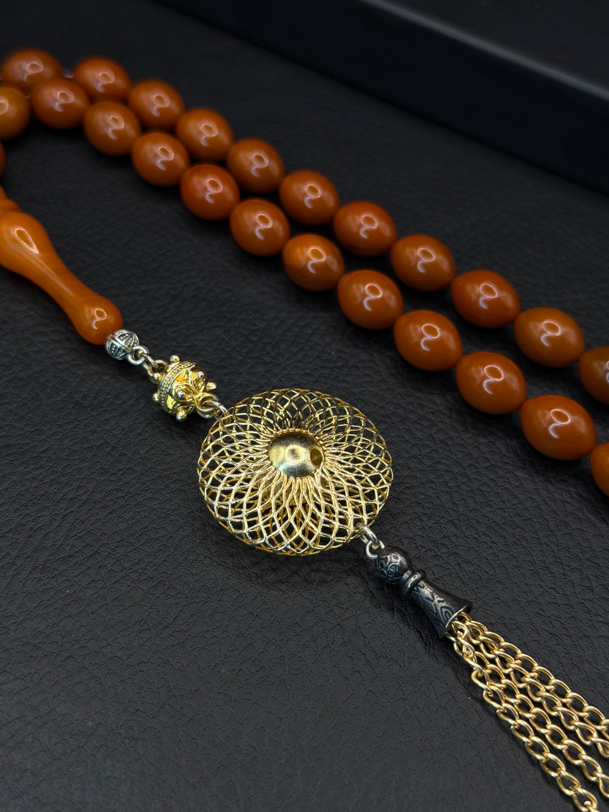Ottoman Style Orange Compressed Amber Tesbih – Barley Cut – Custom Alloy Tassel