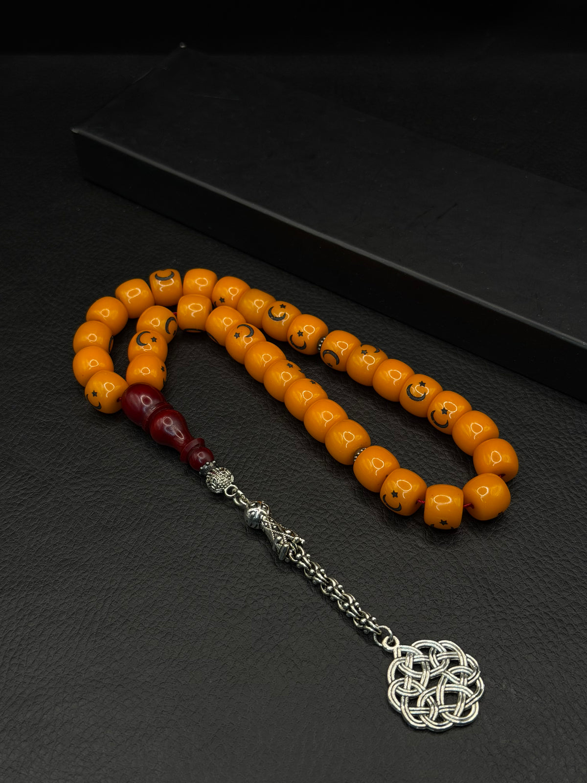 Turkish Flag Laser Compressed Amber Tesbih – Barrel Cut – Alloy Tassel