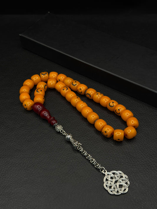 Turkish Flag Laser Compressed Amber Tesbih – Barrel Cut – Alloy Tassel