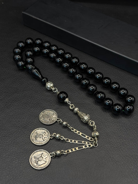 Black Compressed Amber – Alloy Tassel – Round Cut