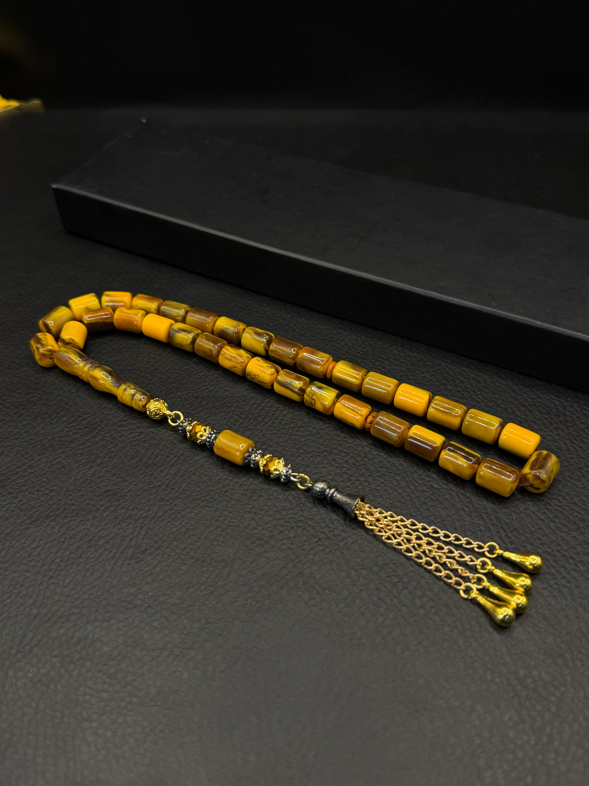 Dark Yellow Katalin Edged Capsule Cut Tesbih – Alloy Tassel