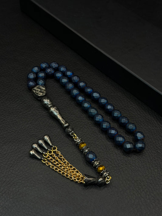 Matte Blue-Coloured Natural Hematite Faceted Round Cut Tesbih – Alloy Tassel