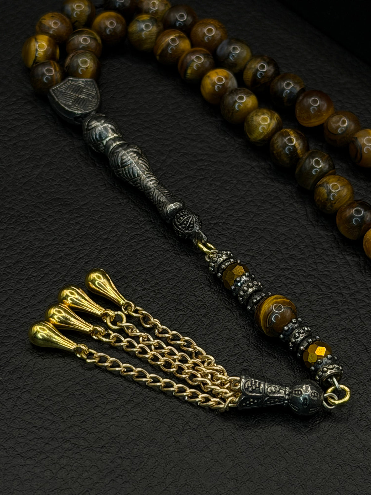 Tiger Eye Natural Stone Round Cut Tesbih – Alloy Tassel