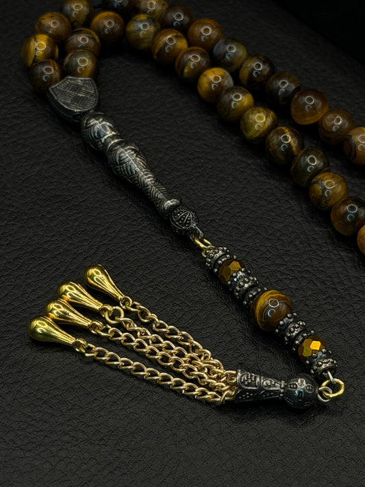 Tiger Eye Natural Stone Round Cut Tesbih – Alloy Tassel