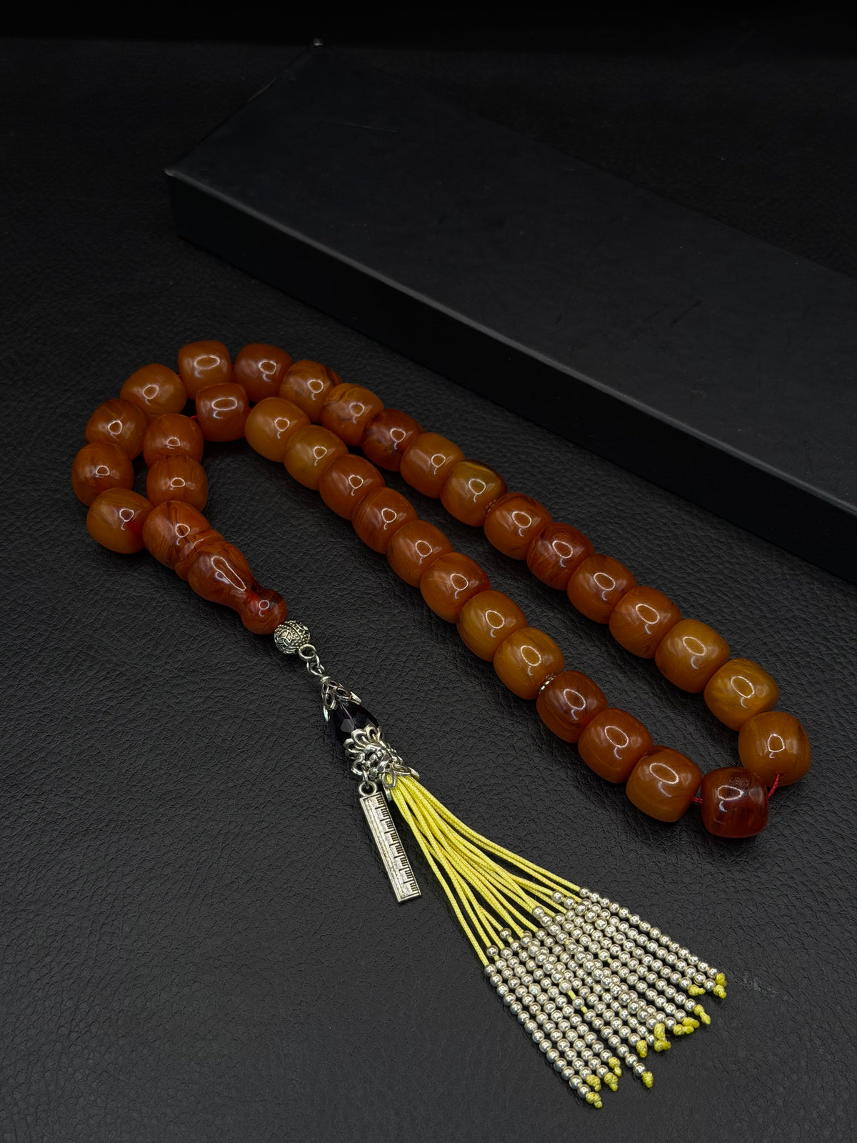 Ottoman Style Yellow Compressed Amber Tesbih – Barrel Cut – Custom Alloy Tassel