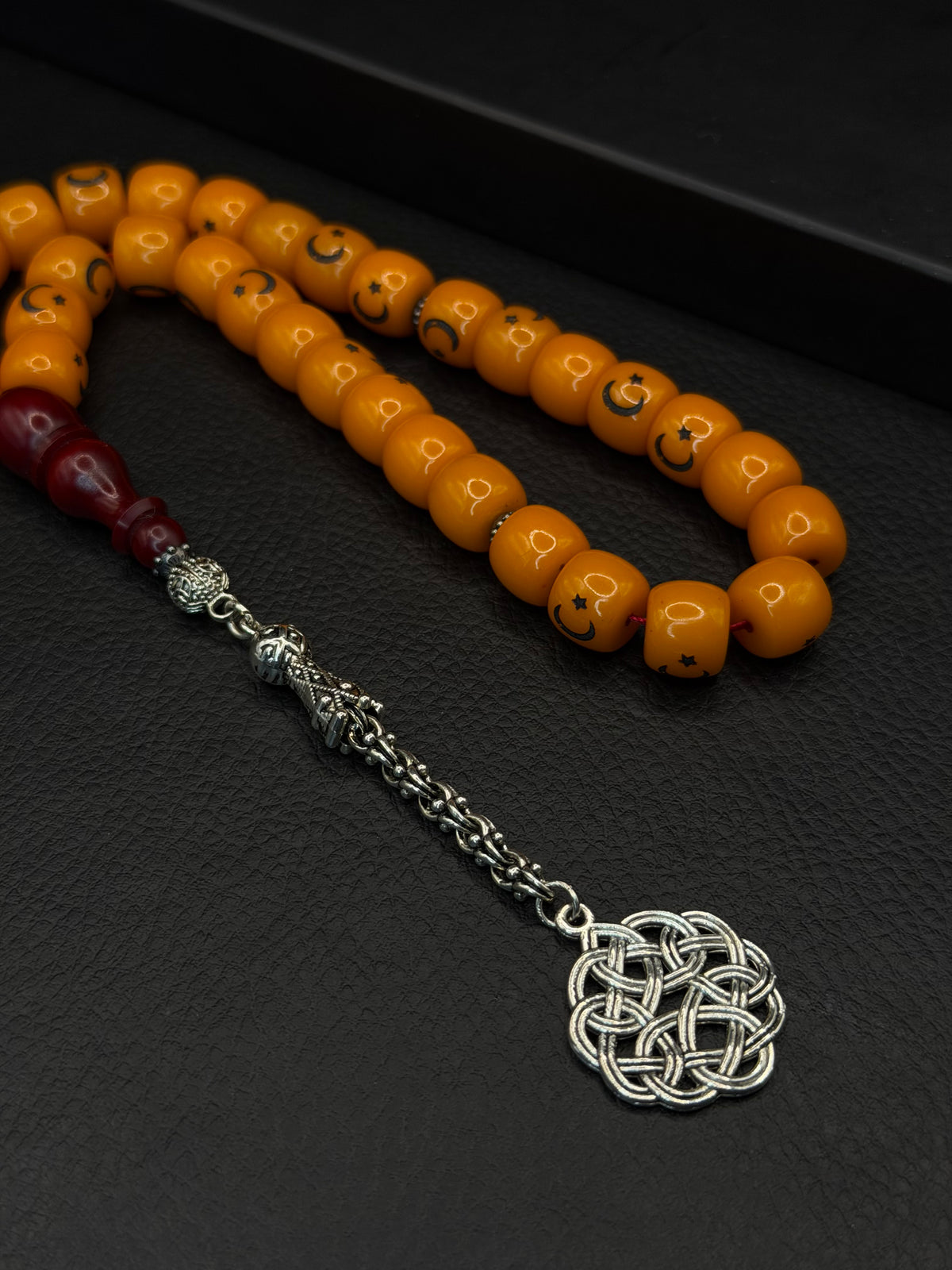 Turkish Flag Laser Compressed Amber Tesbih – Barrel Cut – Alloy Tassel