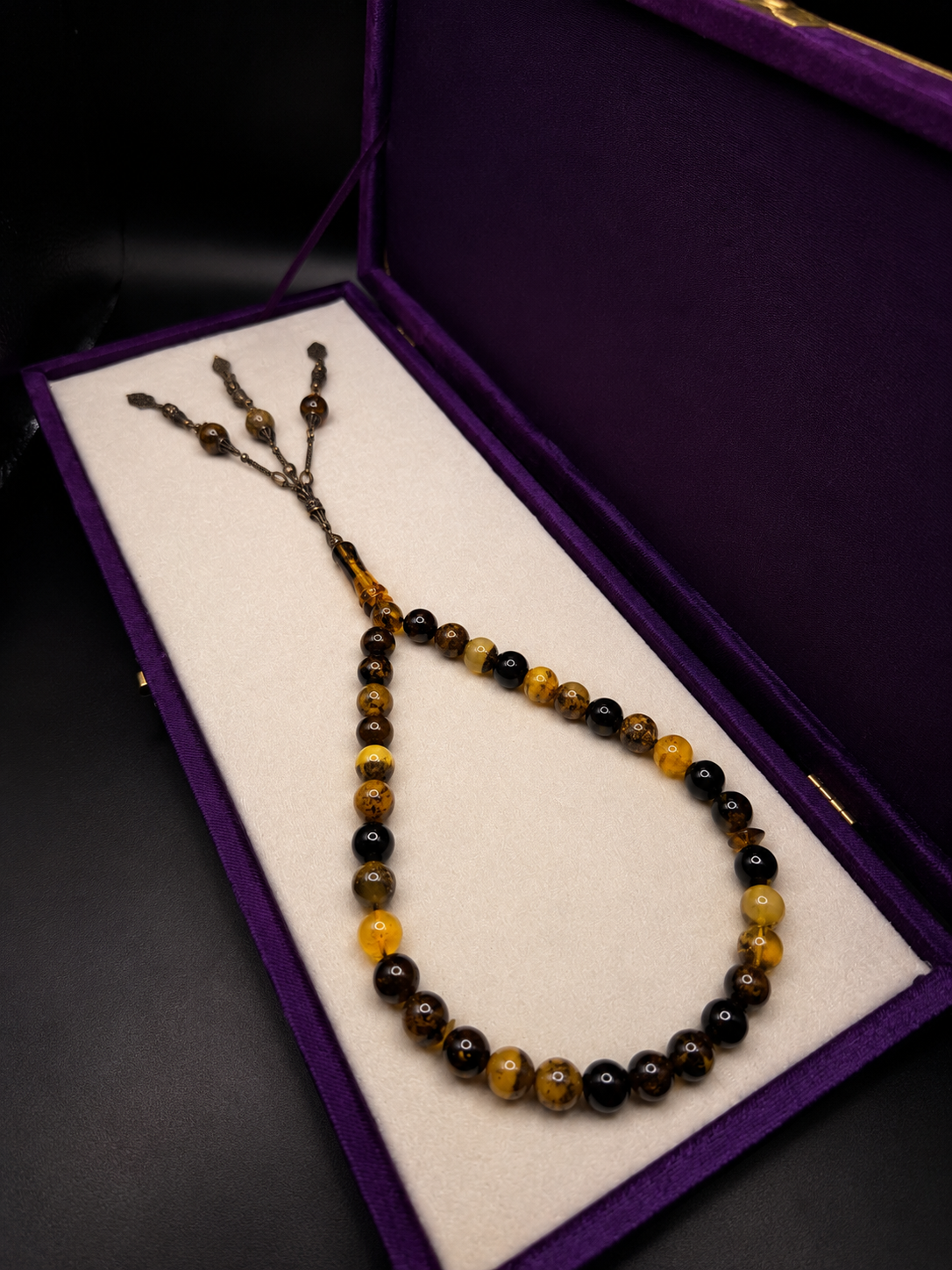 Natural Baltic Fossil Amber Tesbih – Full 925 Sterling Silver Tassel