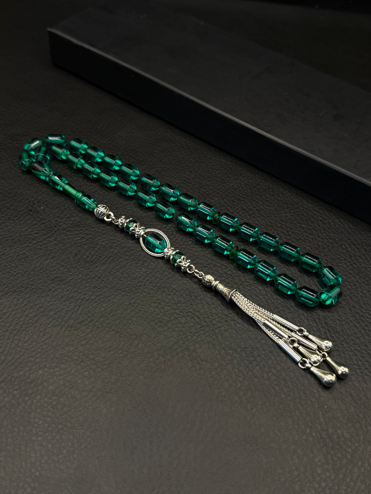 Green Fire Amber Tesbih – Alloy Tassel – Edged Capsule Cut