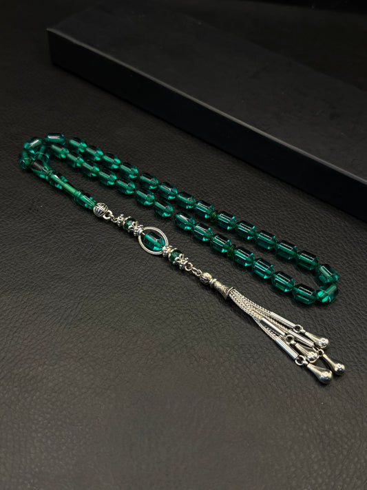 Green Fire Amber Tesbih – Alloy Tassel – Edged Capsule Cut