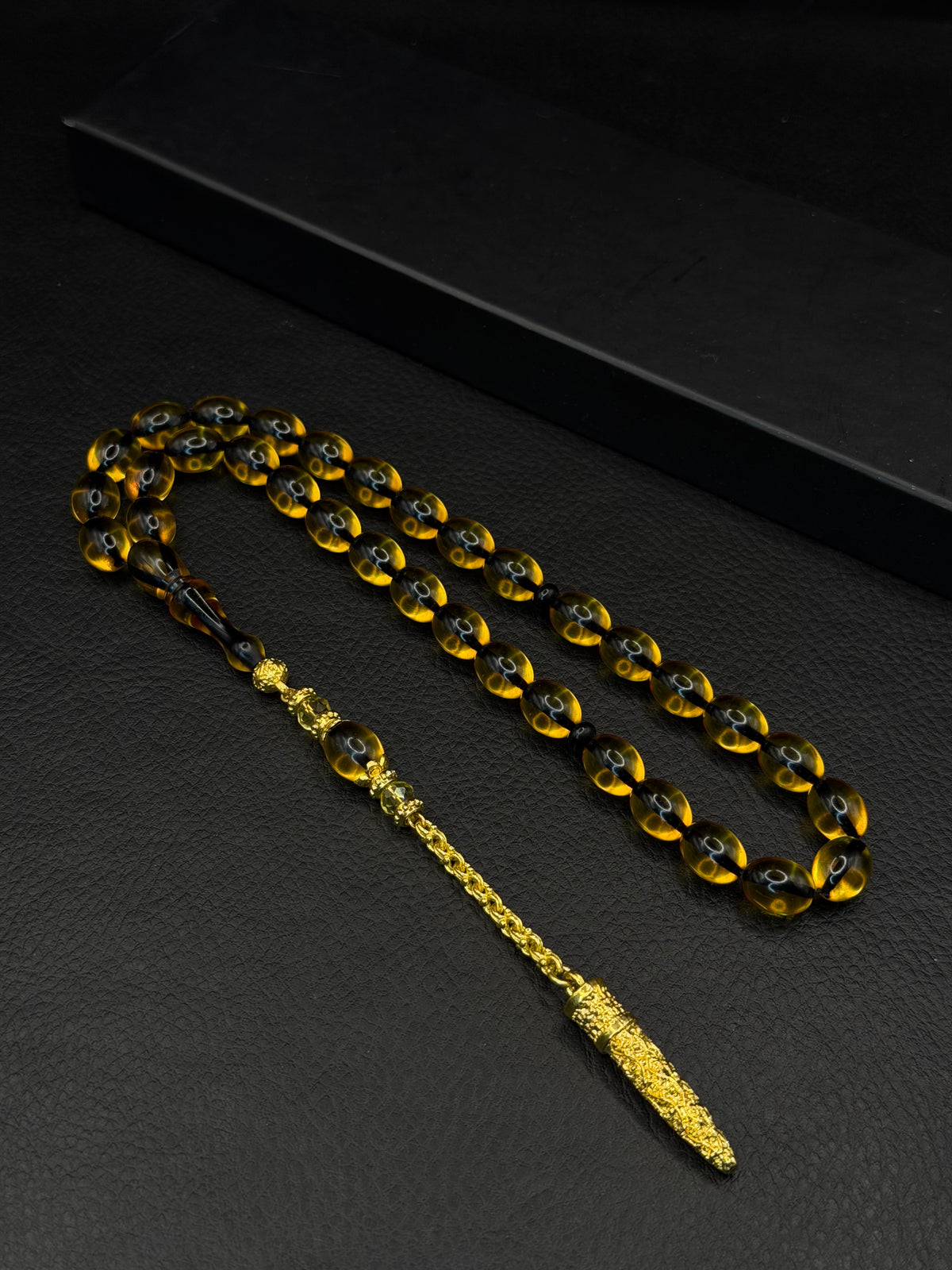 Yellow Fire Amber Tesbih – Oval Cut – Gold-Coloured Alloy Tassel