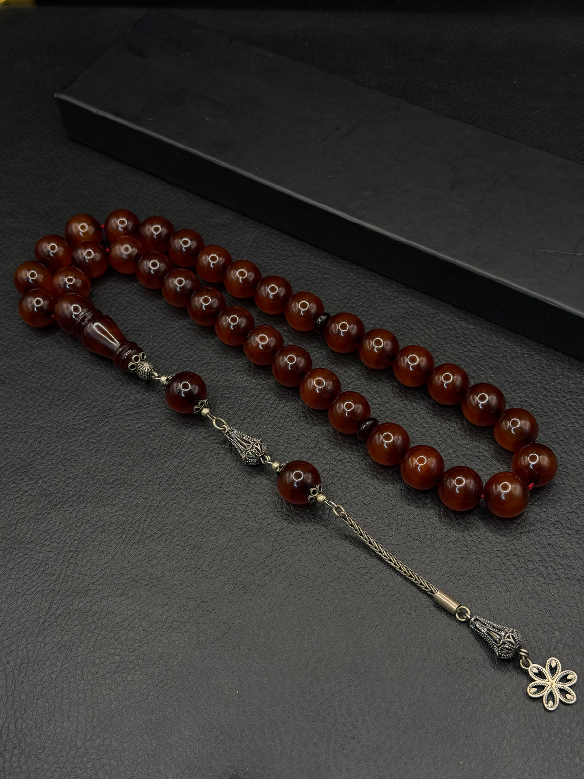 Ottoman Style Dark Orange Fire Amber Tesbih – Medium Size – 925 Sterling Silver Tassel