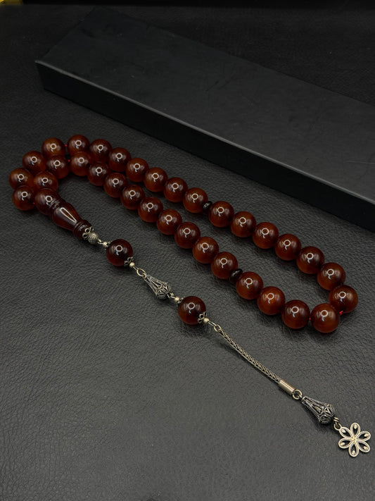 Ottoman Style Dark Orange Fire Amber Tesbih – Medium Size – 925 Sterling Silver Tassel