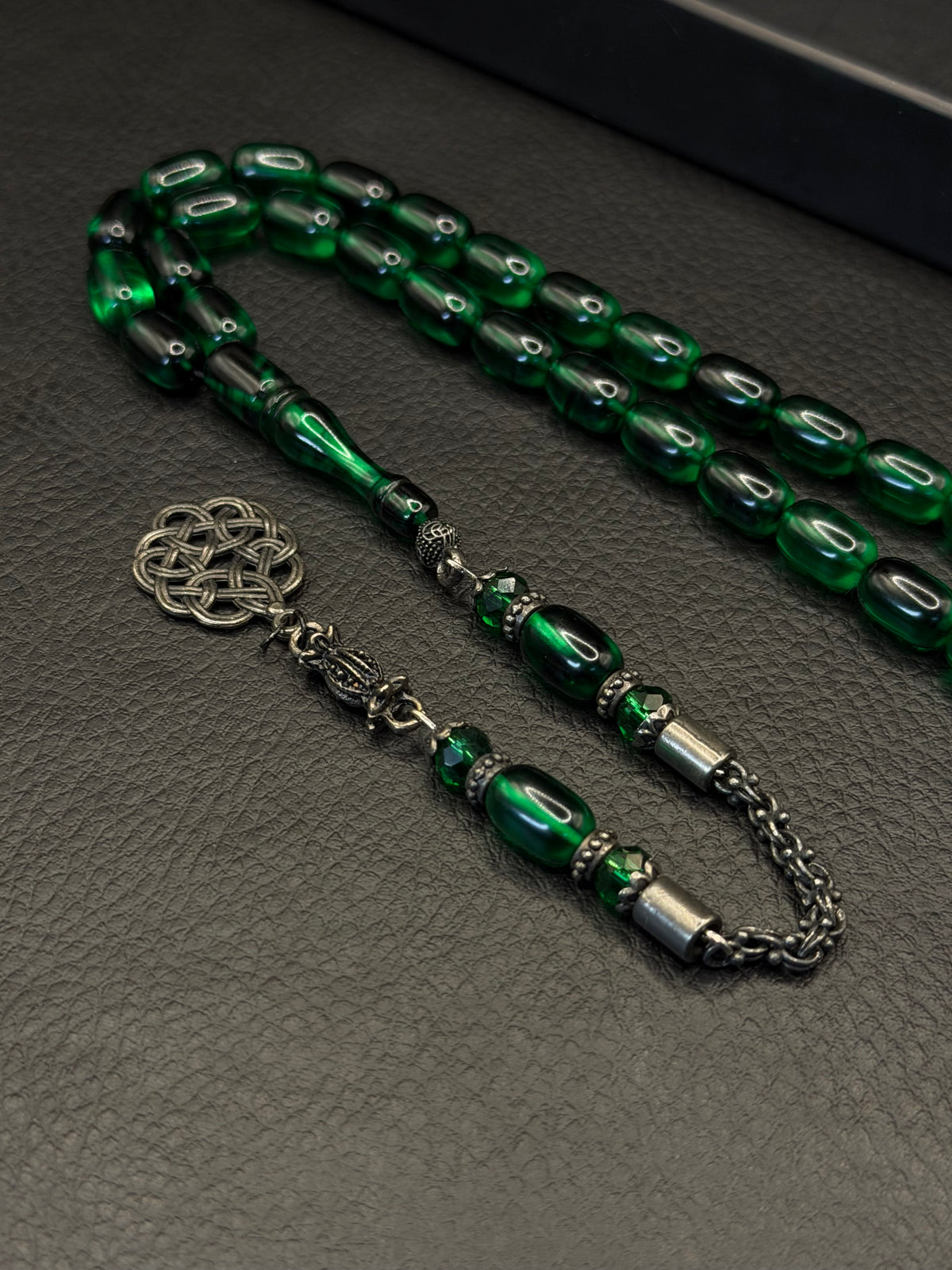 Green Fire Amber Tesbih – Capsule Cut – Alloy Kazzaz Tassel