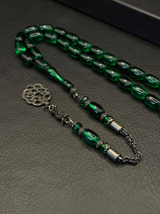 Green Fire Amber Tesbih – Capsule Cut – Alloy Kazzaz Tassel