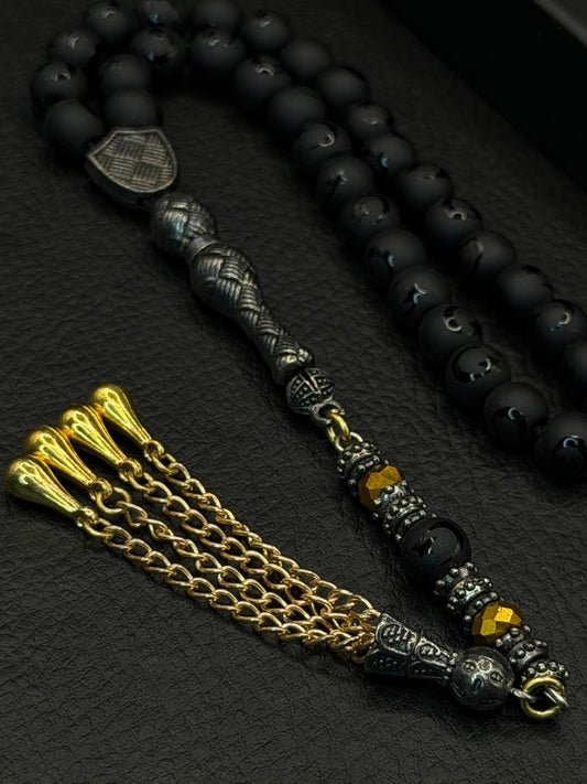 Black Onyx Natural Stone Round Cut Tesbih – Turkish Flag Laser Engraved Alloy Tassel