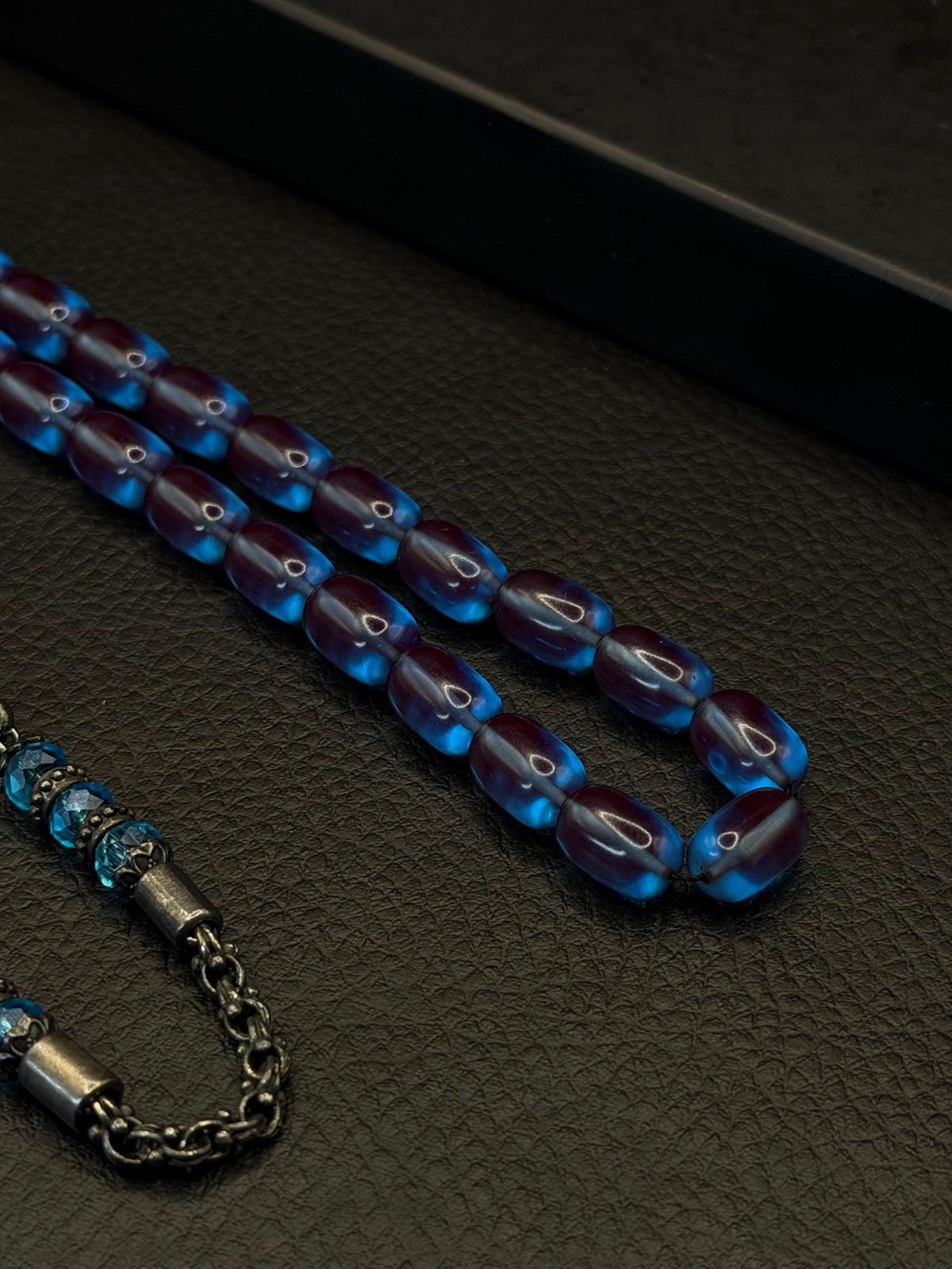 Blue Fire Amber Tesbih – Capsule Cut – Alloy Kazzaz Tassel