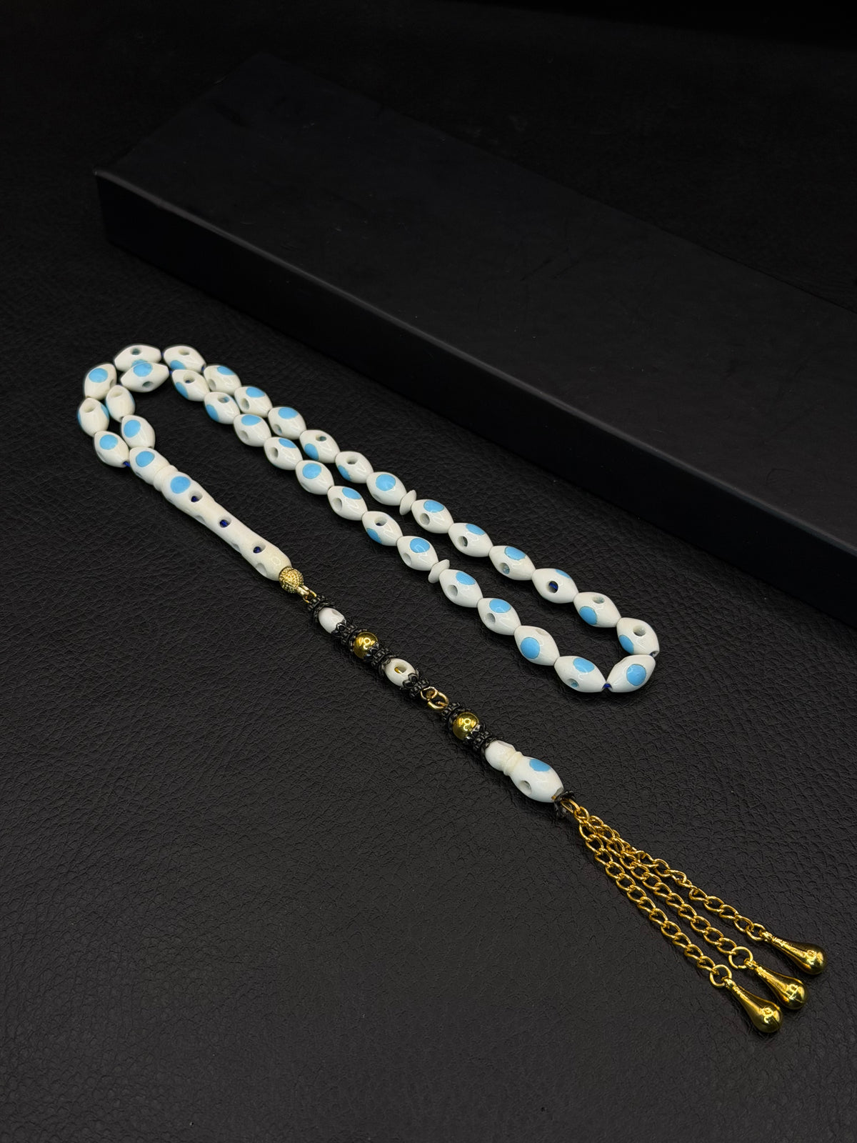 Camel Bone Tesbih – Light Blue Inserted Alloy Tassel | Hollow Design