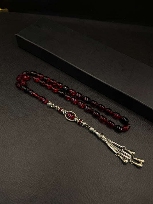 Red & Black Fire Amber Tesbih – Alloy Tassel – Edged Capsule Cut