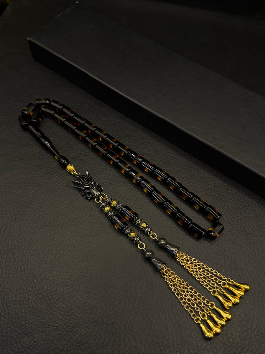 Yellow & Black Fire Amber Capsule Cut Tesbih – Custom Alloy Tassel