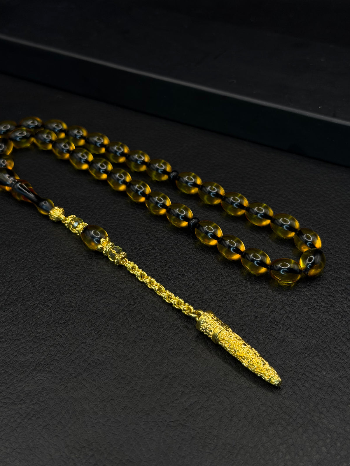 Yellow Fire Amber Tesbih – Oval Cut – Gold-Coloured Alloy Tassel