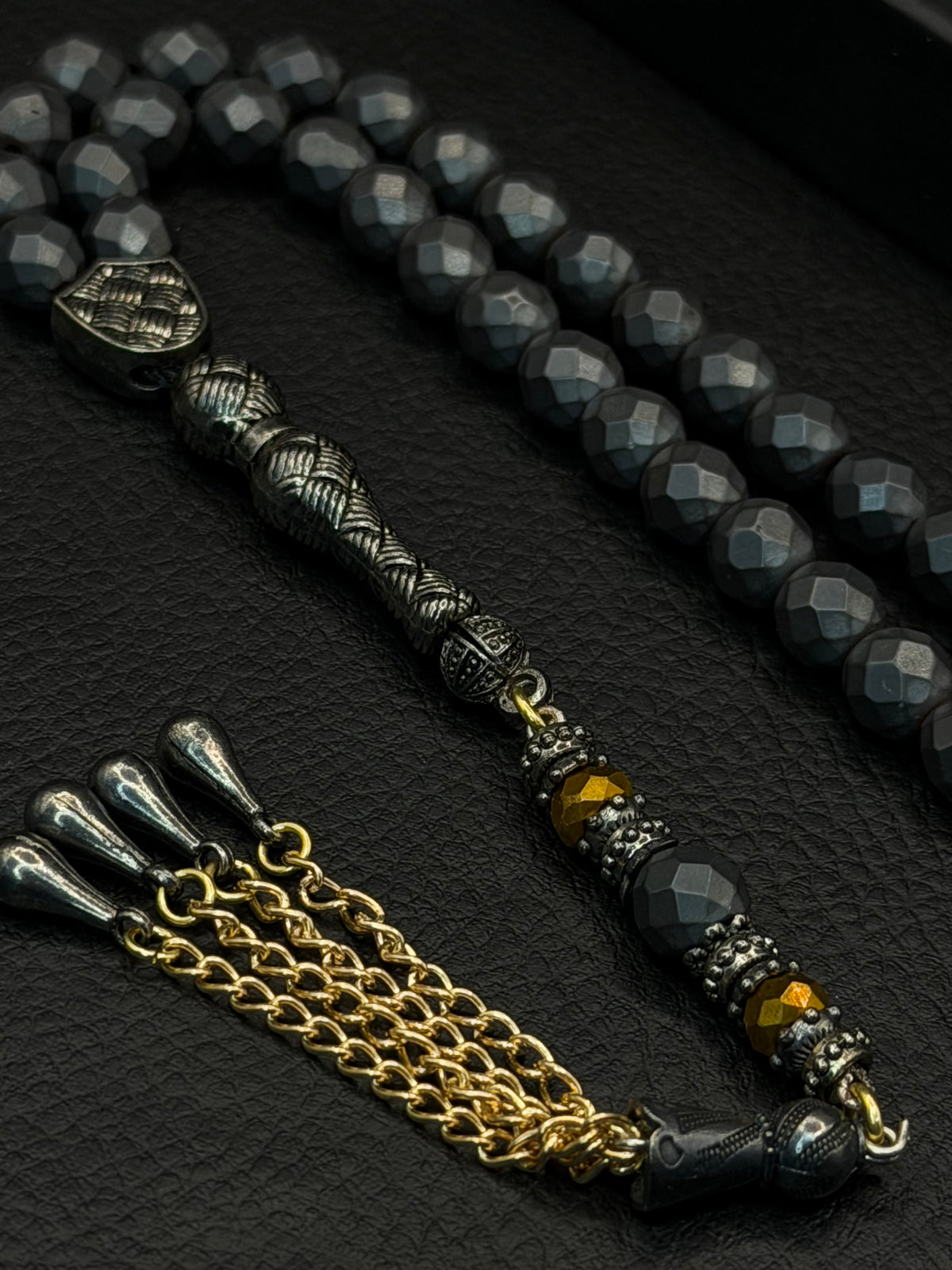 Matte Grey-Coloured Natural Hematite Stone Faceted Round Cut Tesbih – Alloy Tassel