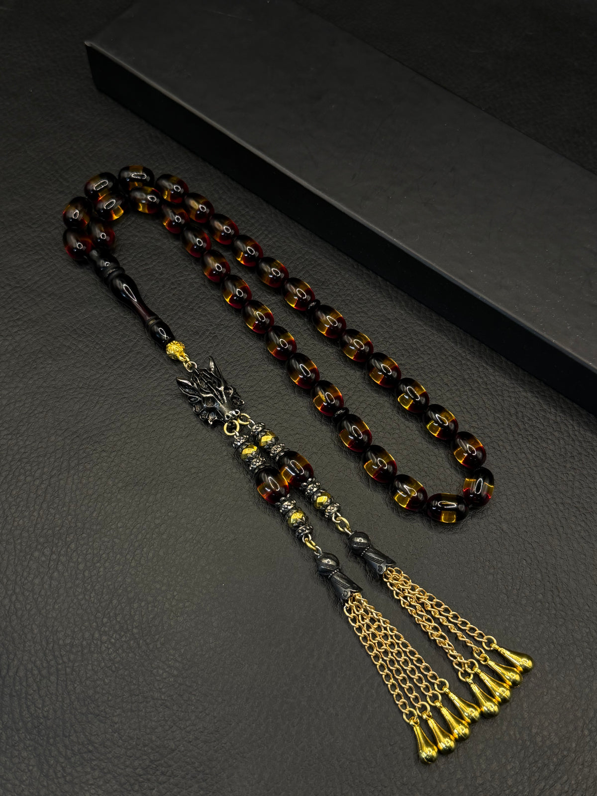 Yellow & Black Fire Amber Capsule Cut Tesbih – Custom Alloy Tassel