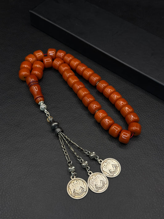 Old Ottoman Style Compressed Amber – Alloy Tassel – Barrel Cut