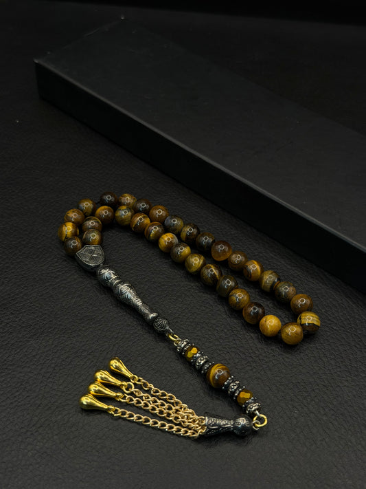 Tiger Eye Natural Stone Round Cut Tesbih – Alloy Tassel