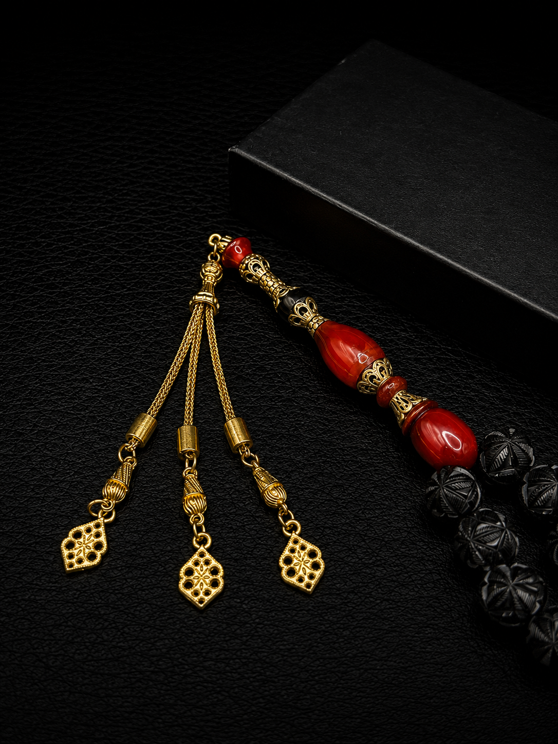 English Blackstone Jet Black Full Nakkaş Tesbih – Custom Alloy İmame & Tassel