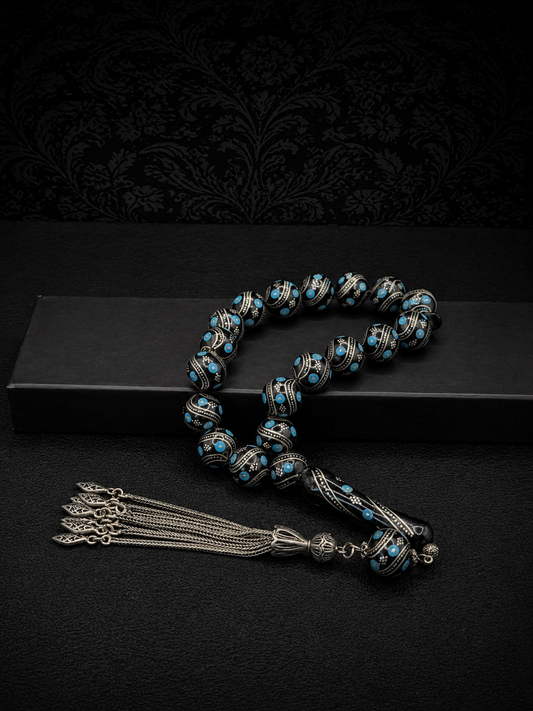 Turkish Black Stone Tesbih – İhsan Çelik Master Made 925K Silver Tassel