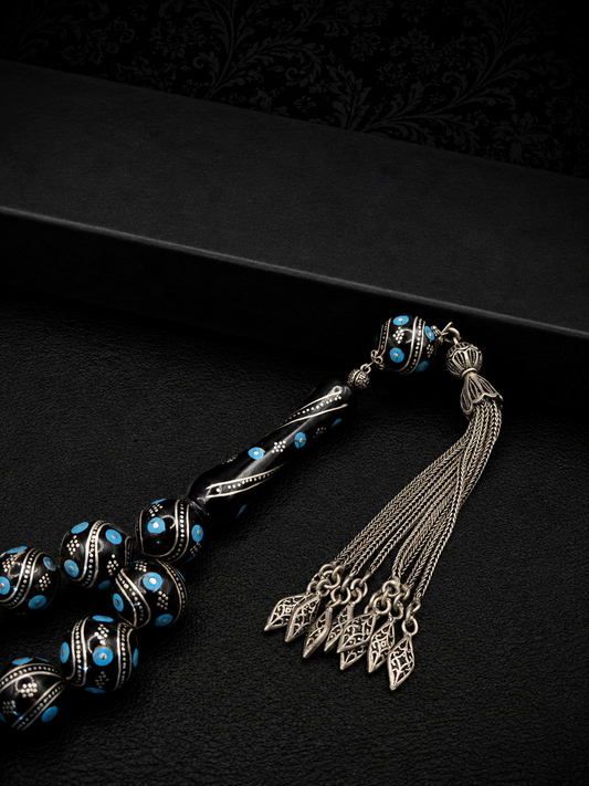 Turkish Black Stone Tesbih – İhsan Çelik Master Made 925K Silver Tassel