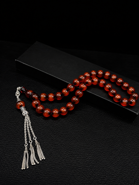 Ottoman Style Fire Amber Tesbih – 925K Silver Tassel