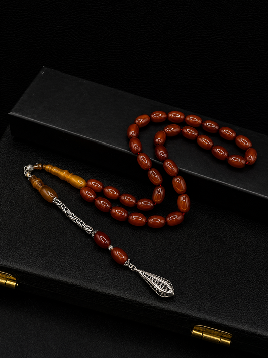 Ottoman Style Compressed Amber Tesbih – Custom Shaved İmame & 925K Silver Tassel