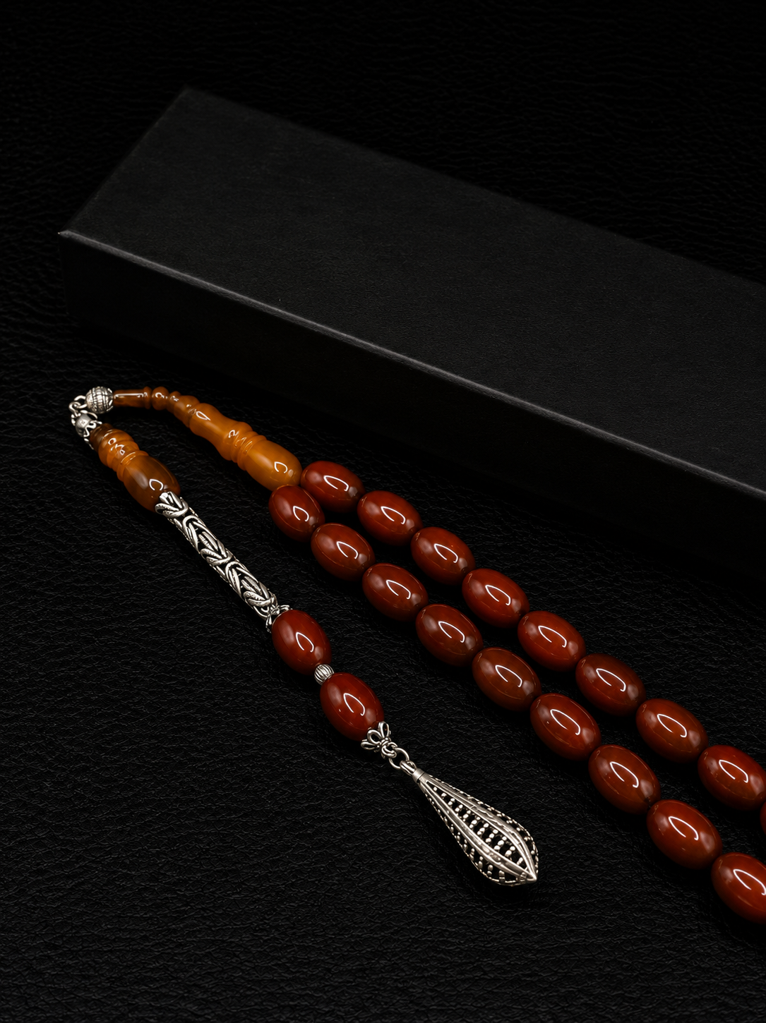 Ottoman Style Compressed Amber Tesbih – Custom Shaved İmame & 925K Silver Tassel