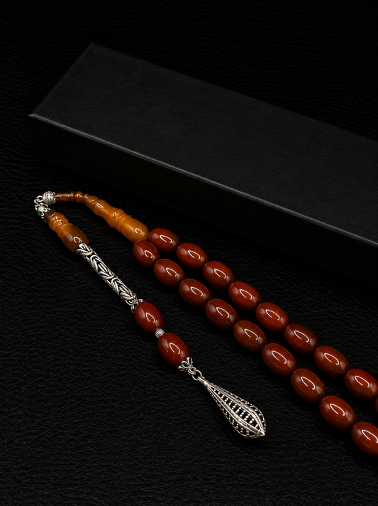 Ottoman Style Compressed Amber Tesbih – Custom Shaved İmame & 925K Silver Tassel